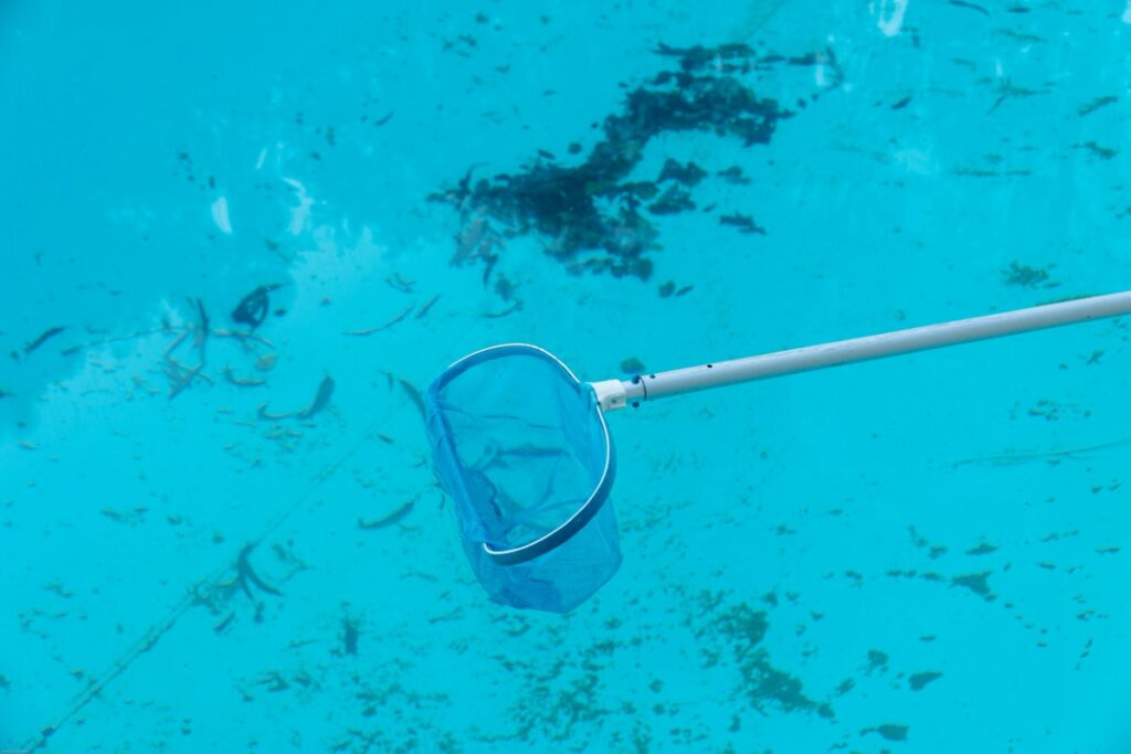 A pool skimmer glides over the surface of the water to pick up leaves, sticks, and other debris.